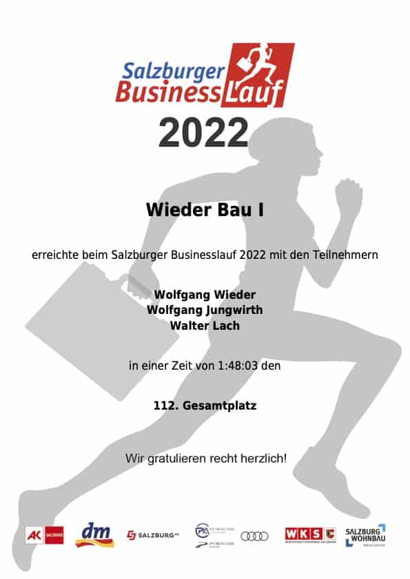 Urkunde Salzburger Businesslauf 2022 Team Wieder Bau I