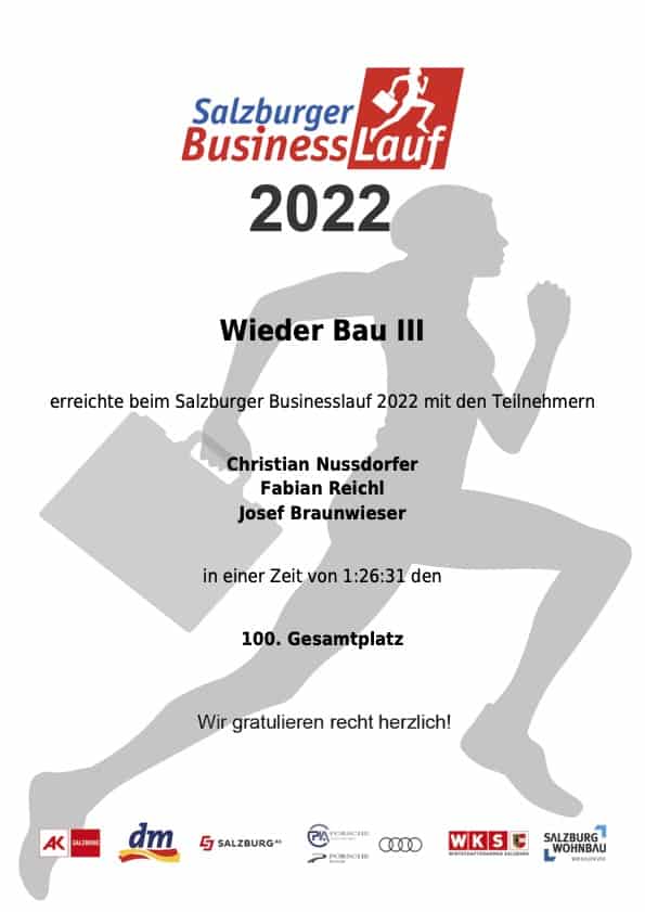 Urkunde Salzburger Businesslauf 2022 Team Wieder Bau III